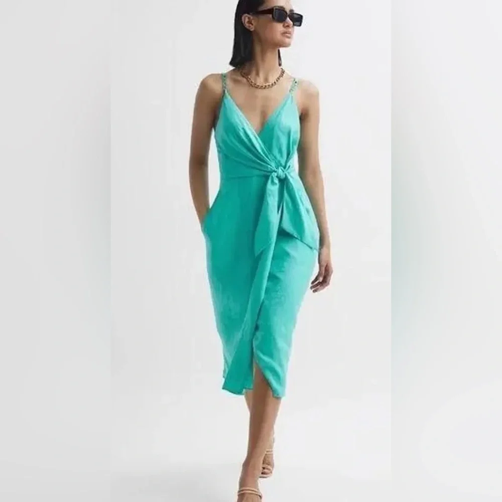 Reiss Esme Linen Side Tie MIDI Dress Aqua casual classic stylish summer size 10